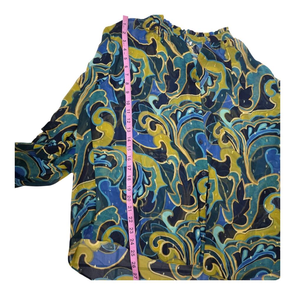 Chico’s Abstract Print Sheer Blouse Blue Green Yellow Ruffle Neck Metal Size L - Picture 4 of 8
